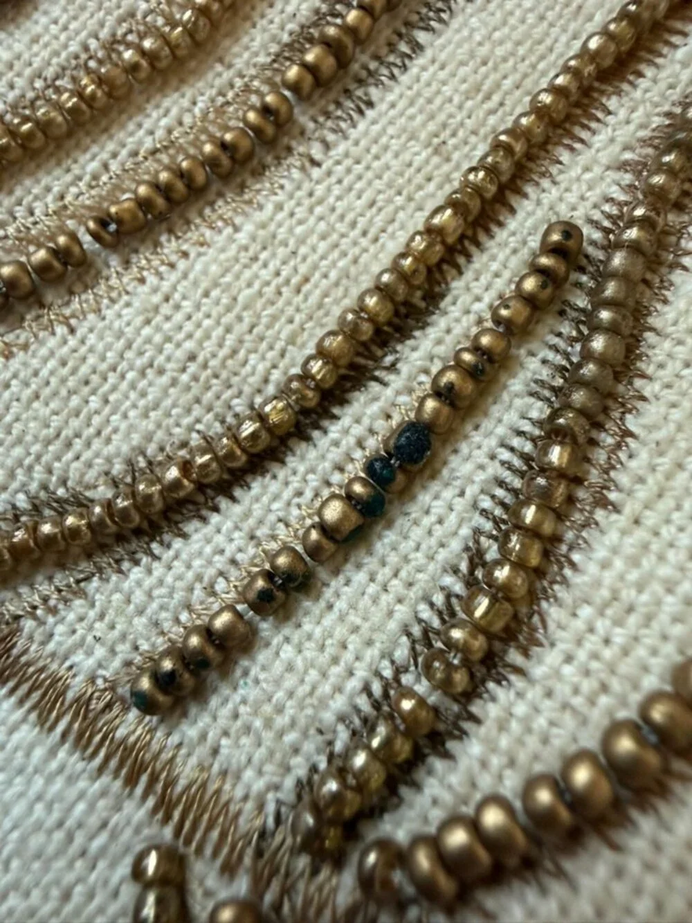 Pier 1 Peacock Feather Beaded Table Runner 41x13 Embroidered Cream Gold Blue